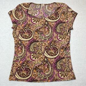 Susan Lawrence Blouse Women’s L Brown Purple Paisley Scoop Neck Cap Sleeve Top
